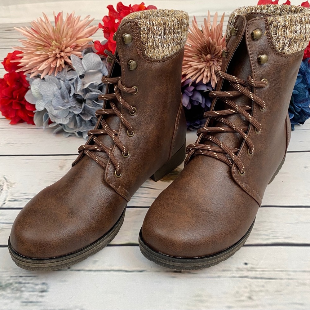 Brown Sweater Cuff Lace Up Ankle Boot - Picture 13 of 15